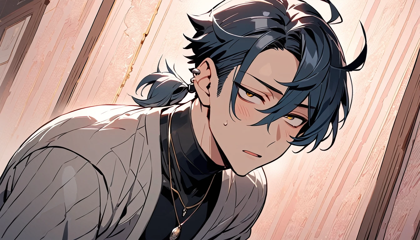 ((((best masterpiece, best quality, wallpaper,)))) solo, guy, male body, small muscles, flat chest, 1male, 30 years old, handsome man, dramatic angle, upper body, looking at viewers, beautiful detailed, mediumturquoise hair, ((((Lower short ponytail)))), asymmetrical bangs, ((short hair,)) blush stickers, sweat, ((( jitome, gold eyes, ^o^, tareme, droopy eyes,))) (((perfect face, extremely detailed eyes,))) perfect hands, sharp nose, clear face, black turtleneck, grey cardigan, ((silver piercing, pendant,)) leggings, pink background color ultrasharp, 8K, masterpiece,