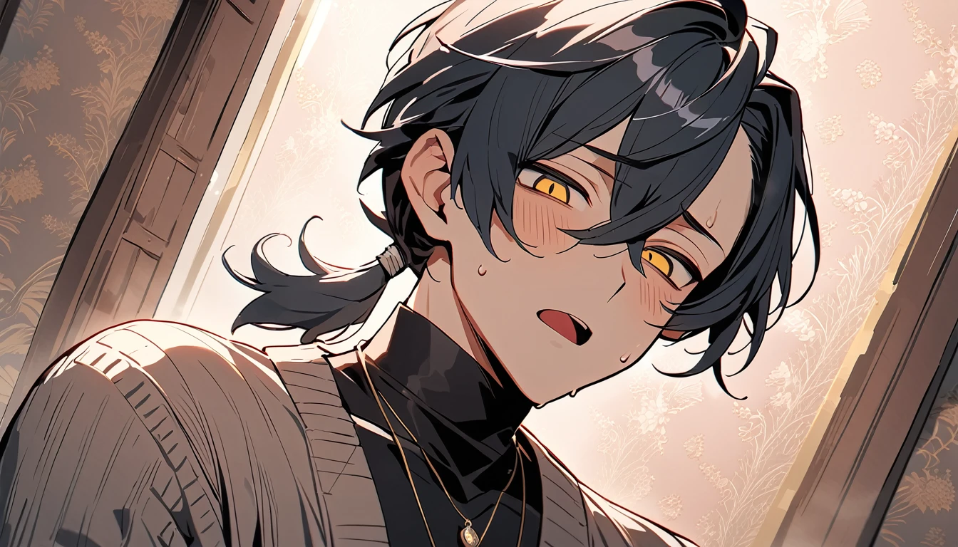 ((((best masterpiece, best quality, wallpaper,)))) solo, guy, male body, small muscles, flat chest, 1male, 30 years old, handsome man, dramatic angle, upper body, looking at viewers, beautiful detailed, mediumturquoise hair, ((((Lower short ponytail)))), asymmetrical bangs, ((short hair,)) blush stickers, sweat, ((( jitome, gold eyes, ^o^, tareme, droopy eyes,))) (((perfect face, extremely detailed eyes,))) perfect hands, sharp nose, clear face, black turtleneck, grey cardigan, ((silver piercing, pendant,)) leggings, pink background color ultrasharp, 8K, masterpiece,