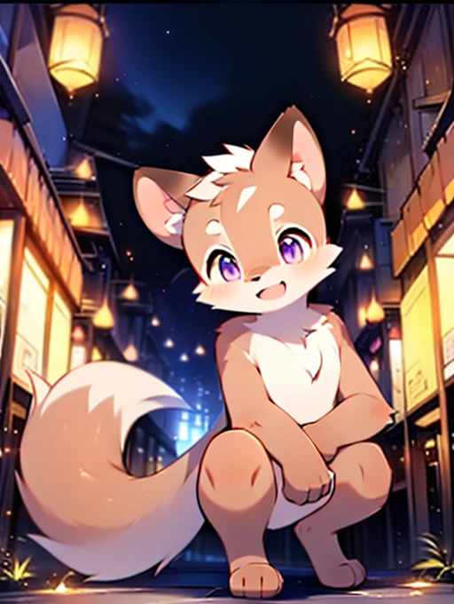 Civet cat, , cute, (alone), (((Has brown and white fur))), Big purple eyes, Blushing, smile, Open your mouth, walking, night, Ancient Asian cities, bright street lights, Blue and black slate road, Empty Streets, Starry Sky, Shadow, Detailed facial depiction, ((Accurate hand drawing)), レンブラントの光とShadow, Ultra-fine,Completely naked,Naked,Naked,Full nudity,Nude,Barely,Fully visible,Spread your legs and point your crotch,Embarrassing,Embarrassed look,On all fours,Put your hands and feet on the ground,Sit like a dog,quadruped,Accurate hand and foot count,shame,Estrus,first round,Fantasy,Anime-style depiction,