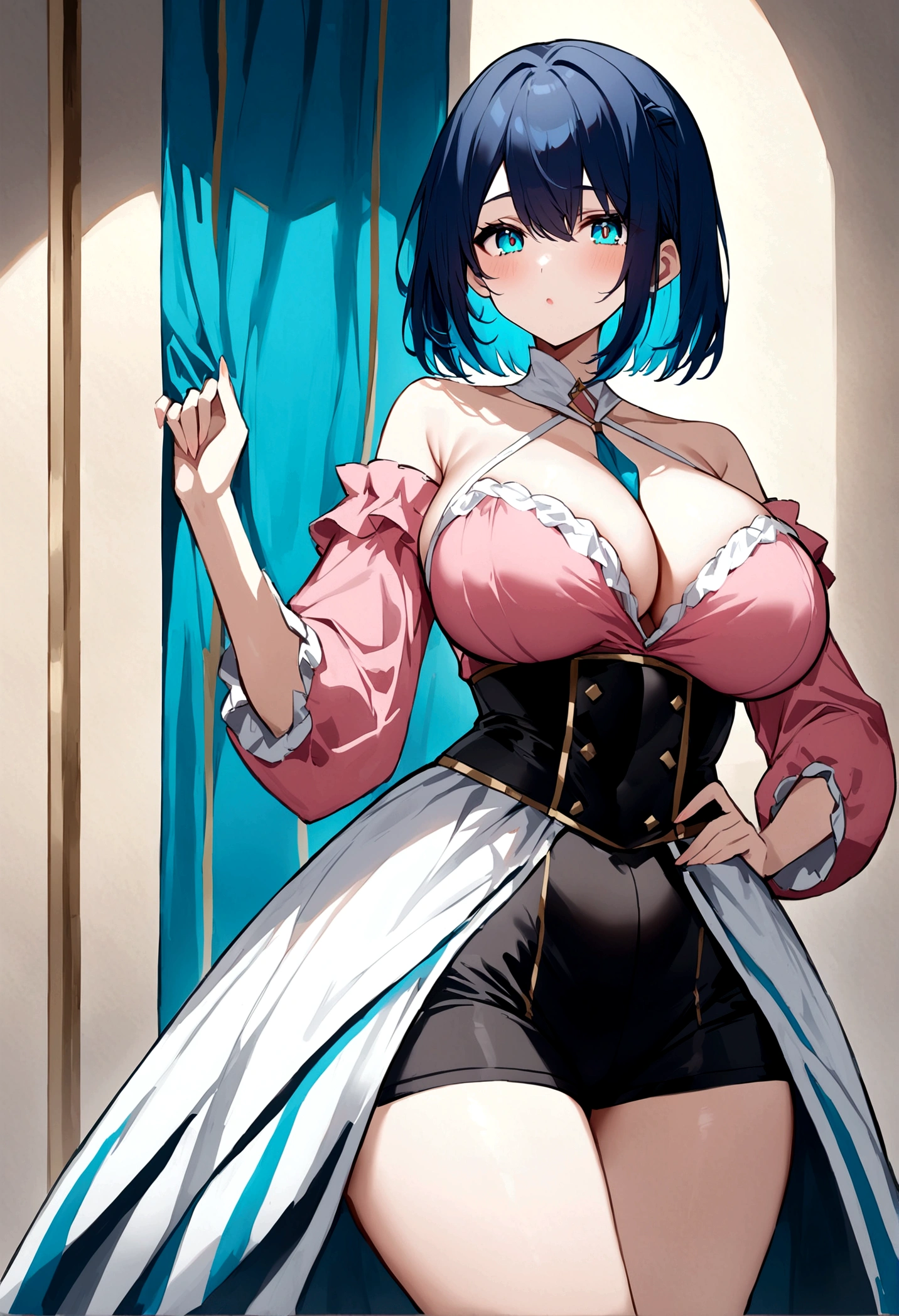 My name is Akari., I am a white test woman with long dark blue hair , turquoise eye color . I am 1.62 cm tall and weigh 47 kg. My breasts measure 300 cm, my waist 40 cm and my hips 240 cm. Dressed in a tight, low-cut pink blouse along with short black shorts . With big breasts 300 cm