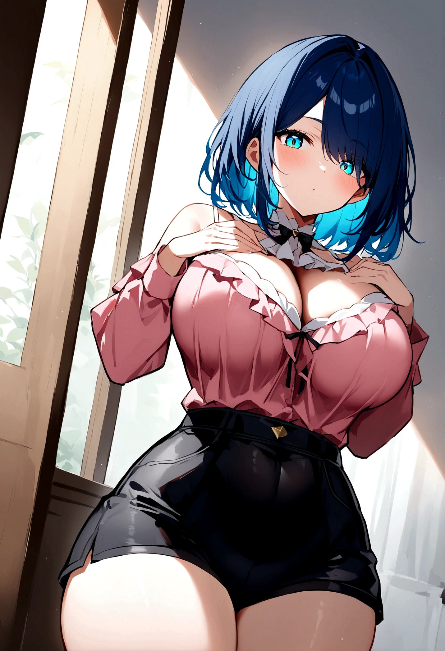 My name is Akari., I am a white test woman with long dark blue hair , turquoise eye color . I am 1.62 cm tall and weigh 47 kg. My breasts measure 300 cm, my waist 40 cm and my hips 240 cm. Dressed in a tight, low-cut pink blouse along with short black shorts . With big breasts 300 cm