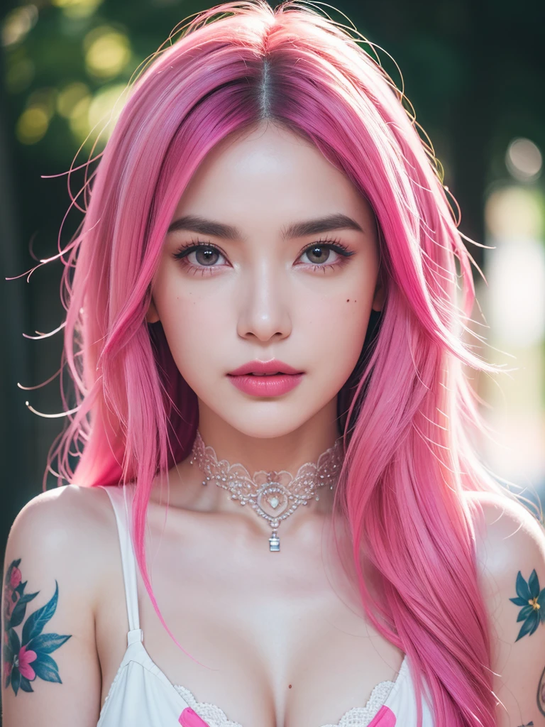 1girl, alone, solitary, high quality, (best quality,4k,8k,highres,masterpiece:1.2),ultra-detailed,(realistic,photorealistic,photo-realistic:1.37),gorgeous hair,fuchsia hair,long curly hair with bangs,sharp eyes,mole under the eye,plump lips,jewelry,(high detailed skin:1.4),(rim lighting:1.3),(lit:1.3),(sunny day:1.3),portrait,beautiful lips,waist-length hair,seductive gaze,moles,casual clothes,colorful clothing,close up,super long hair,choker necklace,tattoos,tattooed,light eyes,bangs,fringe,20 year old,dimples on the cheeks,dimples,neon pink hair,sharp eyebrows,neonhair,magenta hair,bright neon pink hair,lace,elegant,neon pink hair, neon pink,neonpink