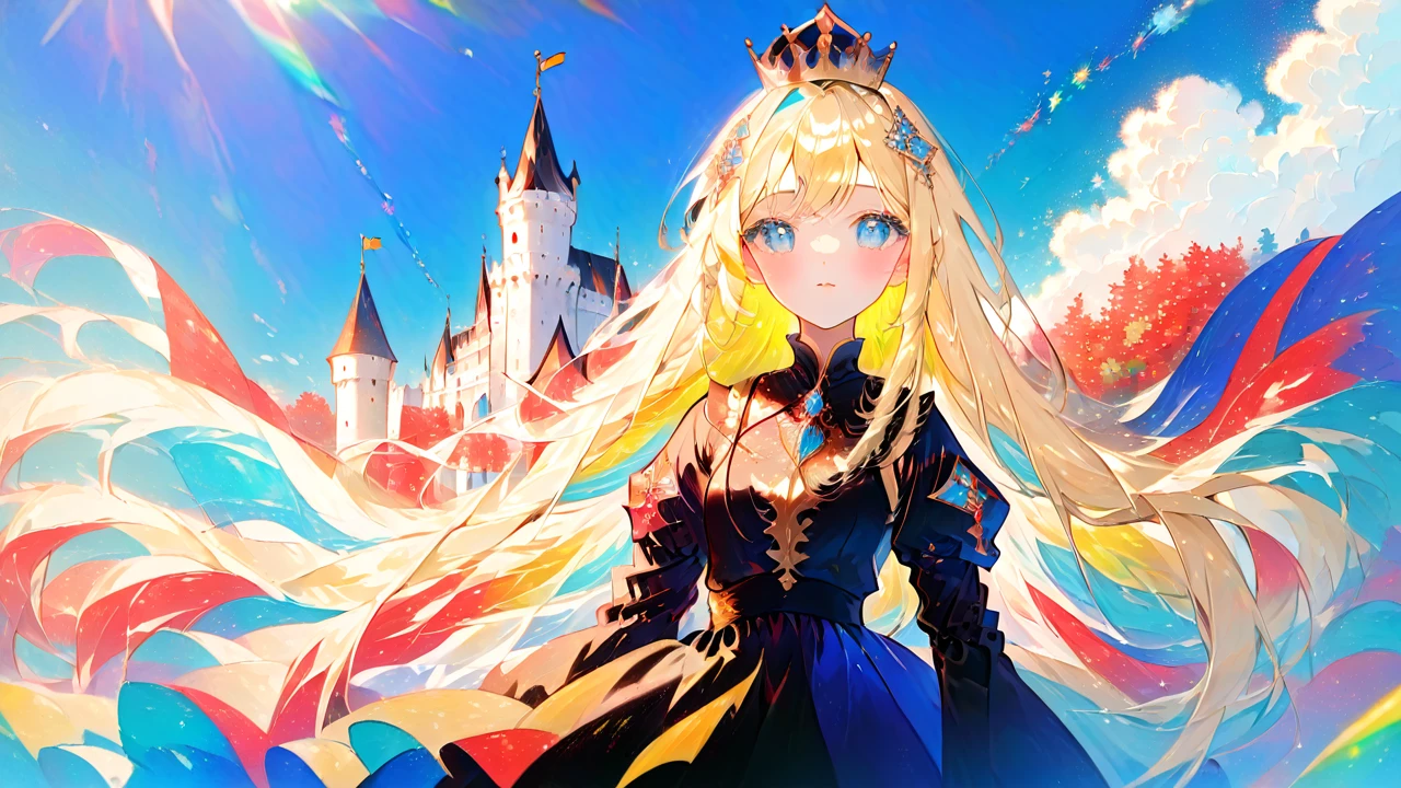 A highly detailed anime-style portrait of a princess knight with a clear and defined facial outline. She is wearing intricate, ornate armor with gold and silver accents, and a flowing royal blue cape. Her long, flowing hair is a shimmering platinum blonde, adorned with a delicate tiara. She stands confidently with a majestic sword in one hand and a shield emblazoned with a royal crest in the other. Her facial features are sharp and expressive, with striking, large eyes and a determined expression. The background is a grand medieval castle with banners fluttering in the wind, under a bright blue sky with a few fluffy clouds. The scene is vibrant and richly colored, capturing the essence of a fantasy realm.