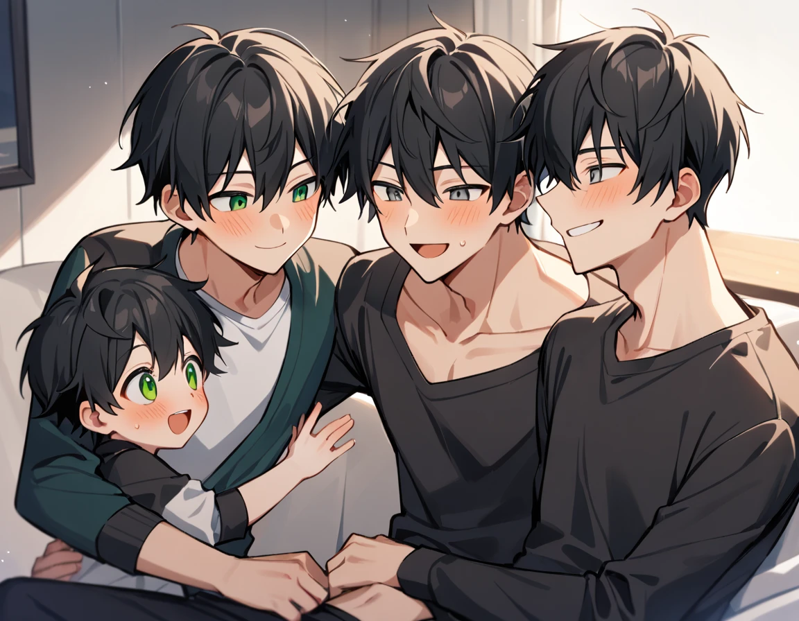 2 young men, 1 daughter, 2 twin sons , Yaoi, family, smile, short hair, black hair, green eyes, black hair, gray eyes , The best aesthetics , best quality, Amazing quality, The best aesthetics, nonsense,bright