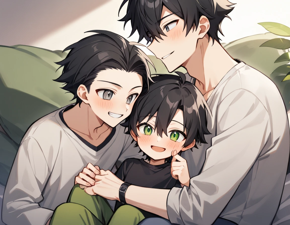 2 young men, 1 daughter, 2 twin sons , Yaoi, family, smile, short hair, black hair, green eyes, black hair, gray eyes , The best aesthetics , best quality, Amazing quality, The best aesthetics, nonsense,bright
