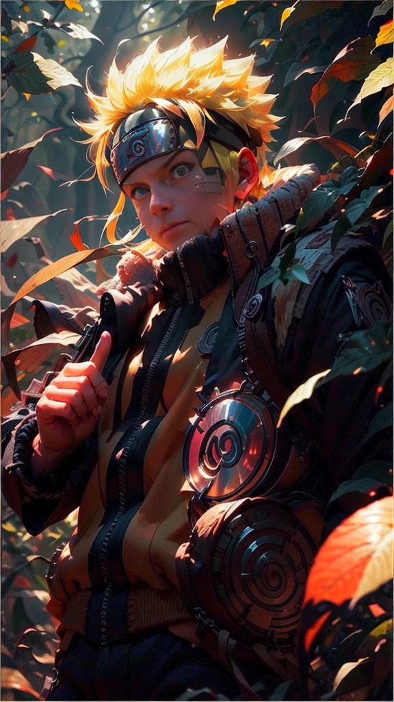 (best quality), (masterpiece), ultra-detailed, 1boy, uzumaki naruto, epic pose, action, particle effects, long sleeve, emphasis lines, movement lines, full body of naruto uzumaki, masterpiece, best quality, full detailed, 1boy, handsome, male, looking at viewer, naruto, Detailed blue eye,yellow hair, konoha realistic detail leaf headband, eye realistic, realistic eye brow, nose realistic, mouth realistic,skin realistic, face realistic, head realistic, body realistic, background art cinematic, big eye sharp, photorealistic, photoshoot, only three line in face, naruto uzumaki dress code, conbat in the forest vs samurai 1.4 , combat in the forest bamboo