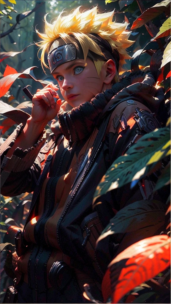 (best quality), (masterpiece), ultra-detailed, 1boy, uzumaki naruto, epic pose, action, particle effects, long sleeve, emphasis lines, movement lines, full body of naruto uzumaki, masterpiece, best quality, full detailed, 1boy, handsome, male, looking at viewer, naruto, Detailed blue eye,yellow hair, konoha realistic detail leaf headband, eye realistic, realistic eye brow, nose realistic, mouth realistic,skin realistic, face realistic, head realistic, body realistic, background art cinematic, big eye sharp, photorealistic, photoshoot, only three line in face, naruto uzumaki dress code, conbat in the forest vs samurai 1.4 , combat in the forest bamboo