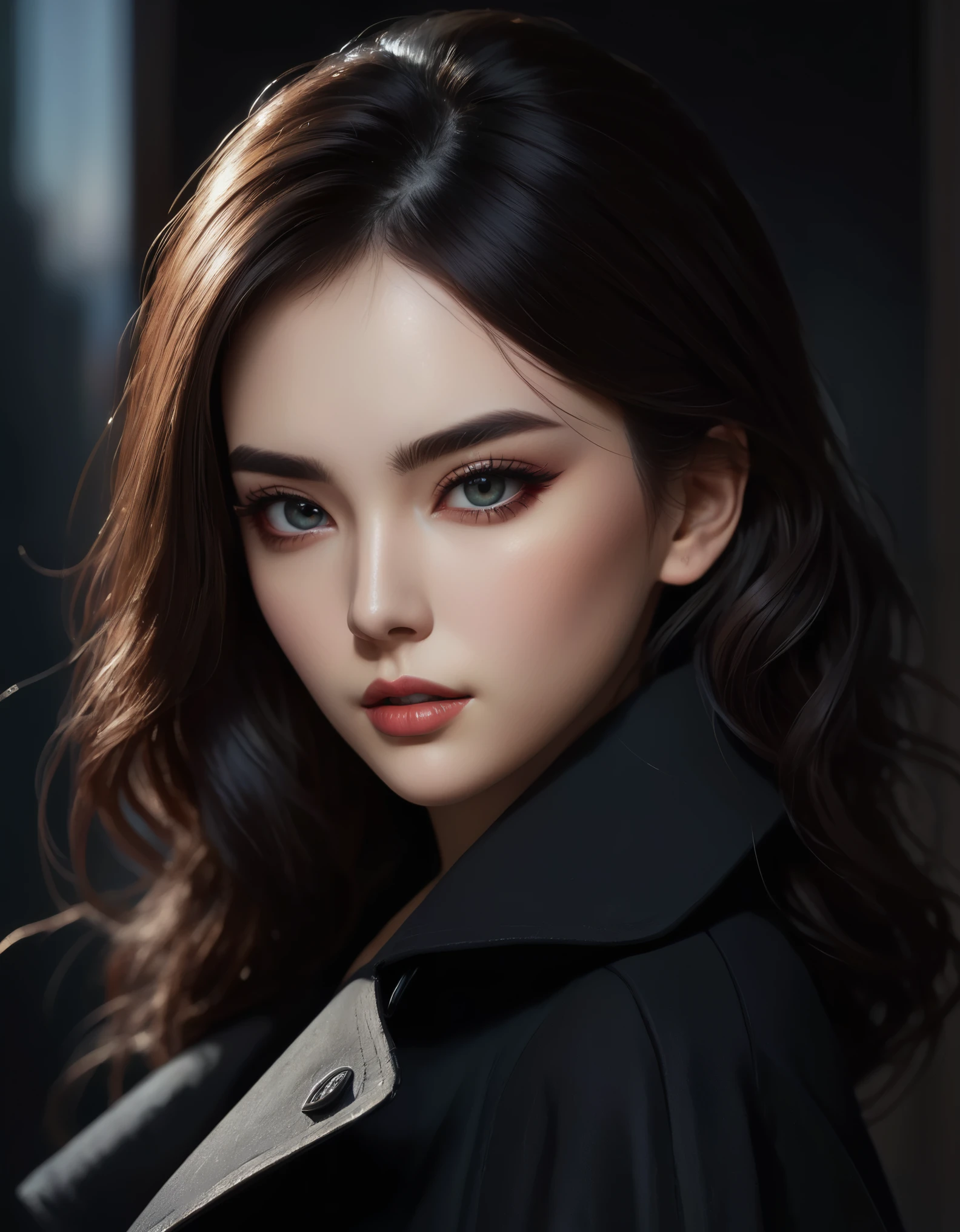 a dark haired woman wearing a ((black trench coat)), beautiful detailed eyes, beautiful detailed lips, extremely detailed face, longeyelashes, elegant posture, dramatic lighting, cinematic composition, moody atmosphere, dark and mysterious, chiaroscuro lighting, rich color palette, high contrast, oil painting style, cinematic shot