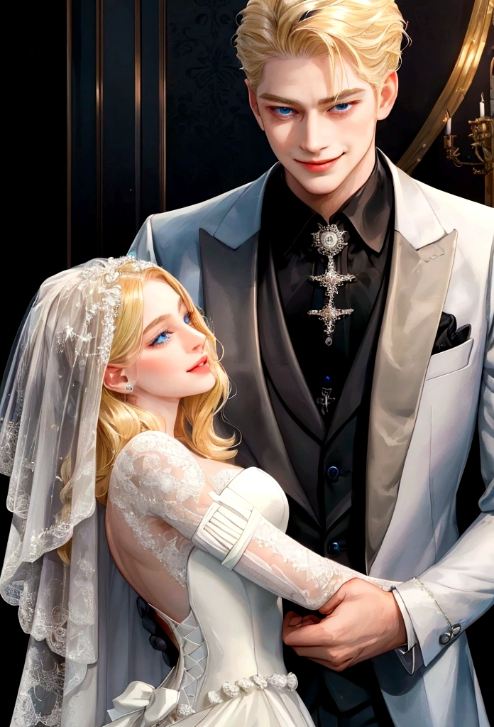 {(one man and one woman) (pose: the man is holding the woman's chin and grinning.woman looks sad) (appearance: man with blonde hair and bright blue eyes. woman with black hair and black eyes) (attiribute: women wear wedding dresses and men wear black wedding suits) (background: luxury wedding)