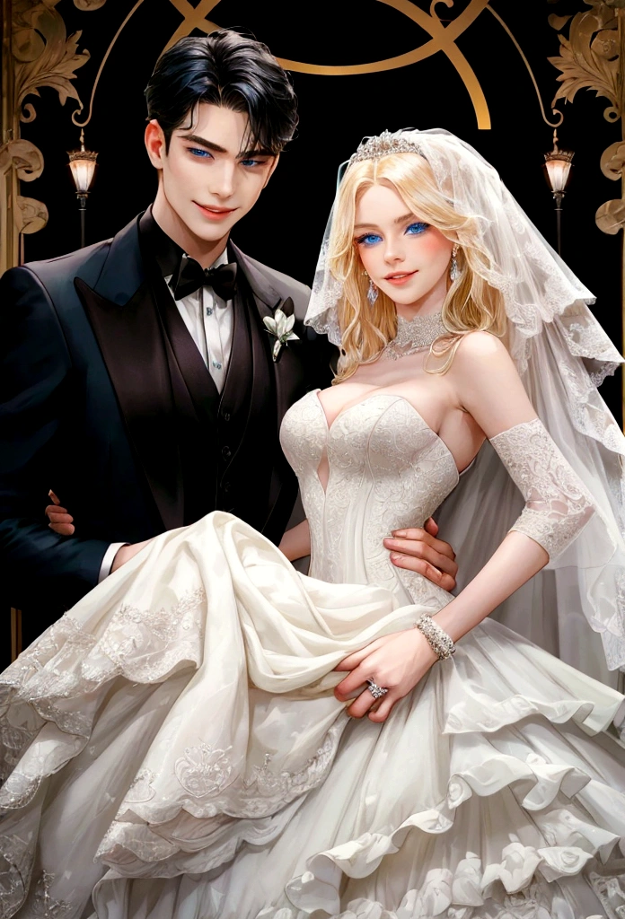 {(one man and one woman) (pose: the man is holding the woman's chin and grinning) (appearance: man with blonde hair and bright blue eyes)(appearance: woman with black hair and black eyes) (attiribute: women wear wedding dresses and men wear black wedding suits) (background: luxury wedding)