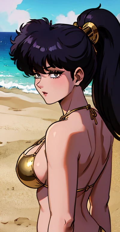 KodachiKunou, A gentle face、armored bikini、Side Tail、Gold Necklace、back、8K,high resolution、Sandy Beach、whole body、Fantasy