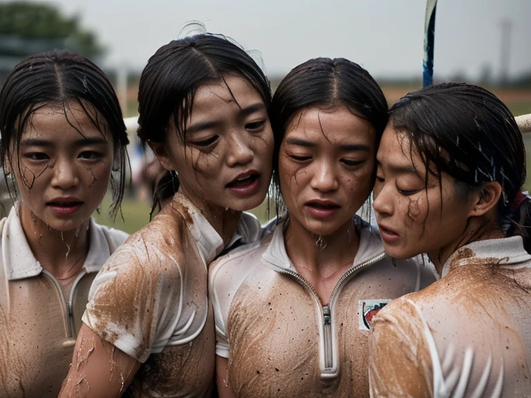 (A plain white short sleeved dirt stained field hockey uniform with a very tight white half zip:1.7)、(A large, dirt-stained, white, square collar: 1.6)、(Red clay ground:1.5)、My hair is wet and messy、(Beautiful Japanese woman covered in dirt:2.0)、Highest quality, masterpiece, Ultra-high resolution, Photorealistic, Raw Photos,Detailed face,(Muscular woman:2.4), (Fastener open: 1.8), (Upper body zoom up:1.0),(Everyone wears the same clothes:1.0), All members are super beauties, (Group photo of beautiful Japanese women huddled together: 1.5), (Hair tied up: 1.4), (Exhausted expression:1.8), Bright photo, (My whole body is drenched in rain: 1.7), (Covered in mud and earth: 1.2)
