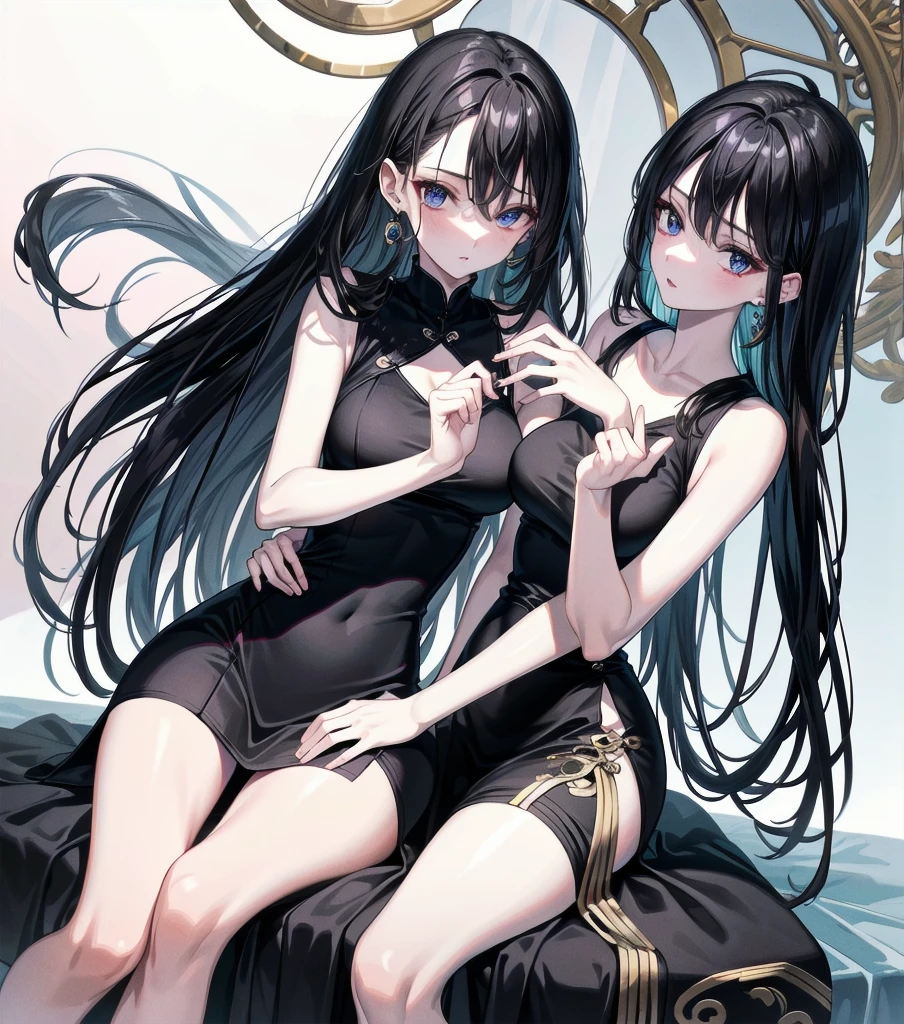 absurdres, RAW photo, extremely delicate and beautiful, masterpiece, Best Quality, ultra high resolution, 32k, hyperrealistic, ultra-detailed, perfect anatomy, super Detailed skin, perfect figure, Japanese woman, late 20s, very Slim body, narrow waist, very small head, handsome detailed woman, very detailed eyes and face, realistic face proportions, Stunning detailed eyes, Realistic beautiful face, very small face, Realistic small beautiful eyes, tearful mole, earring, beautiful and very thin legs, beautiful and very thin thighs, ((very huge round breasts)), medium hair, black hair, sweat, (full body shot), sleeveless, bare arms, bare legs, Collarbone, ((cheongsam)), outdoor,