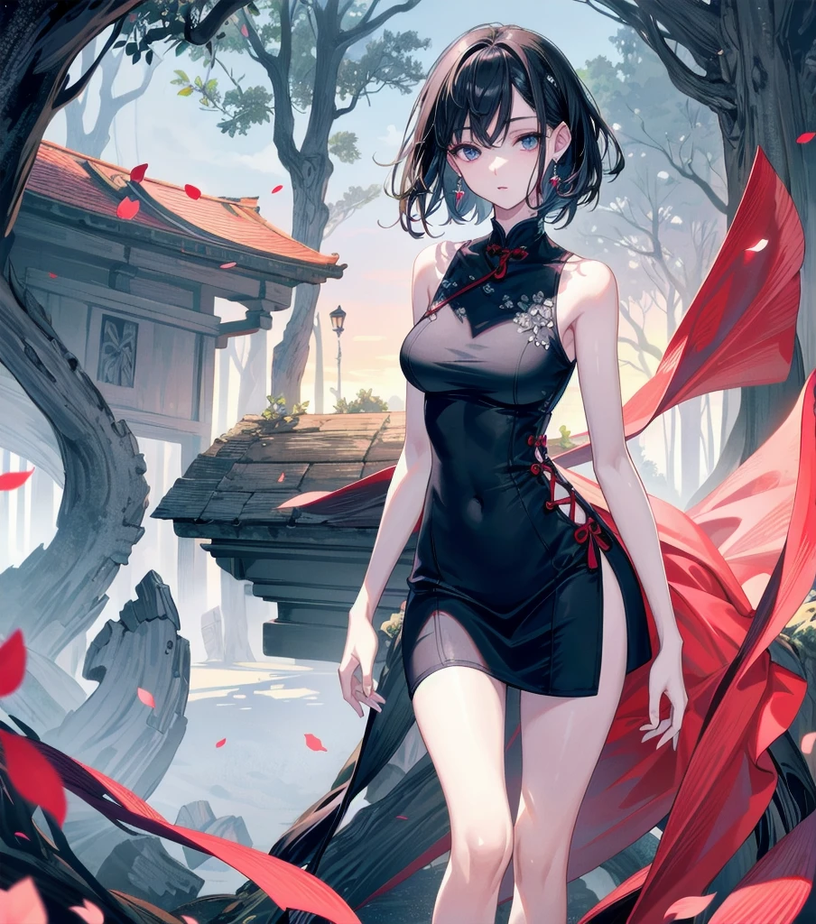 absurdres, RAW photo, extremely delicate and beautiful, masterpiece, Best Quality, ultra high resolution, 32k, hyperrealistic, ultra-detailed, perfect anatomy, super Detailed skin, perfect figure, Japanese woman, late 20s, very Slim body, narrow waist, very small head, handsome detailed woman, very detailed eyes and face, realistic face proportions, Stunning detailed eyes, Realistic beautiful face, very small face, Realistic small beautiful eyes, tearful mole, earring, beautiful and very thin legs, beautiful and very thin thighs, ((very huge round breasts)), medium hair, black hair, sweat, (full body shot), sleeveless, bare arms, bare legs, Collarbone, ((cheongsam)), outdoor,