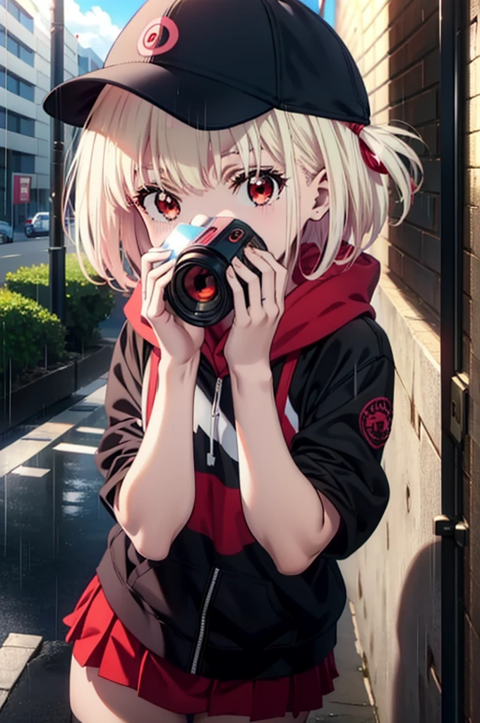 , Chisato Nishikigi, length, bangs, blonde, (Red eyes:1.5), Baseball cap,Oversized red hoodie,mini skirt,Black knee socks,short boots,Standing leaning against a wall,rain,cloudy,Hide under the roof,whole bodyがイラストに入るように,Blowing bubble gum,
break outdoors, alley,
break looking at viewer, whole body,
break (masterpiece:1.2), Highest quality, High resolution, unity 8k wallpaper, (shape:0.8), (Beautiful attention to detail:1.6), extレムely detailed face, Perfect lighting, extレムely detailed CG, (Perfect hands, Perfect Anatomy),