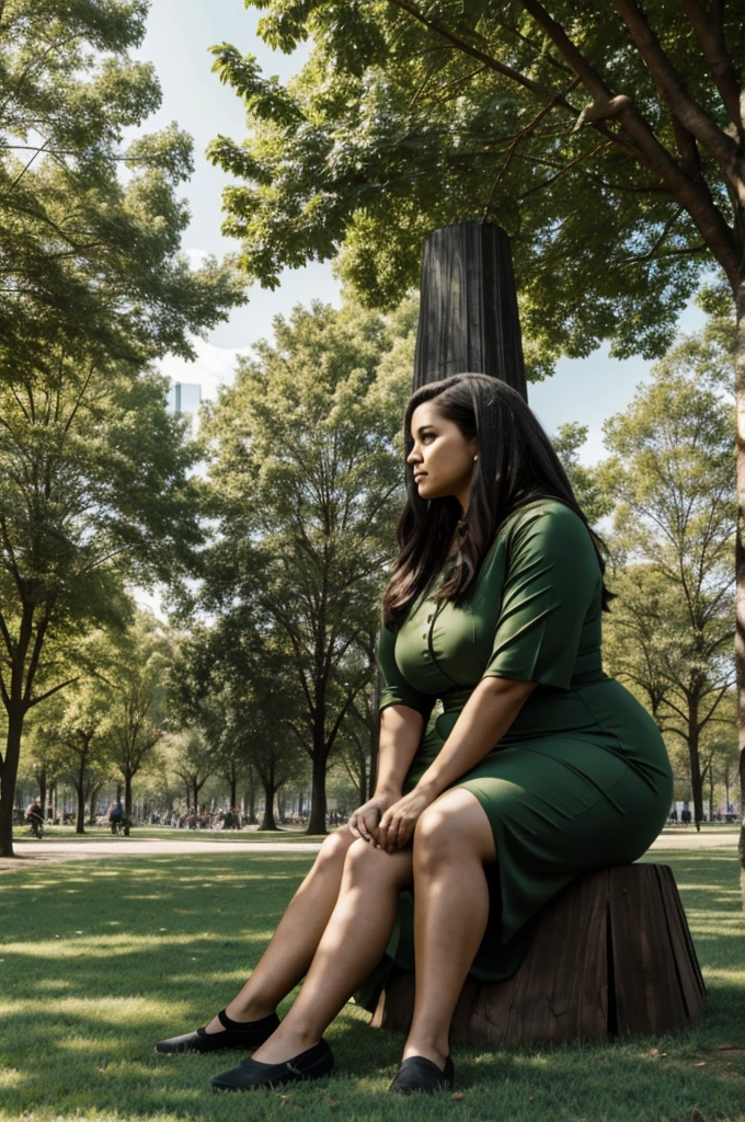 As a giant woman in a park sitting 