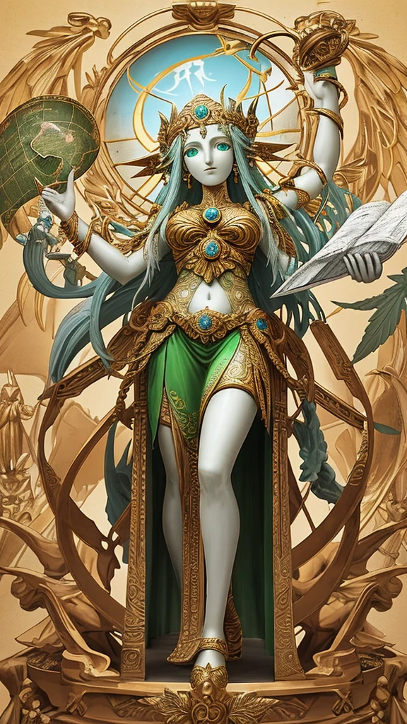 the sculpture of the goddess of justice Temis, holding the globe with a map of Brazil in her right hand and a Cannabis leaf in her other left hand