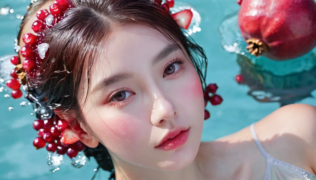 Summer Pomegranate Girl,Dopamine teenage, Cool summer days,Ice cubes,The watery girl,Delicate skin,Hydration,Shiny,Shiny,dream,Front view,bust,pearl,Pomegranate fruit