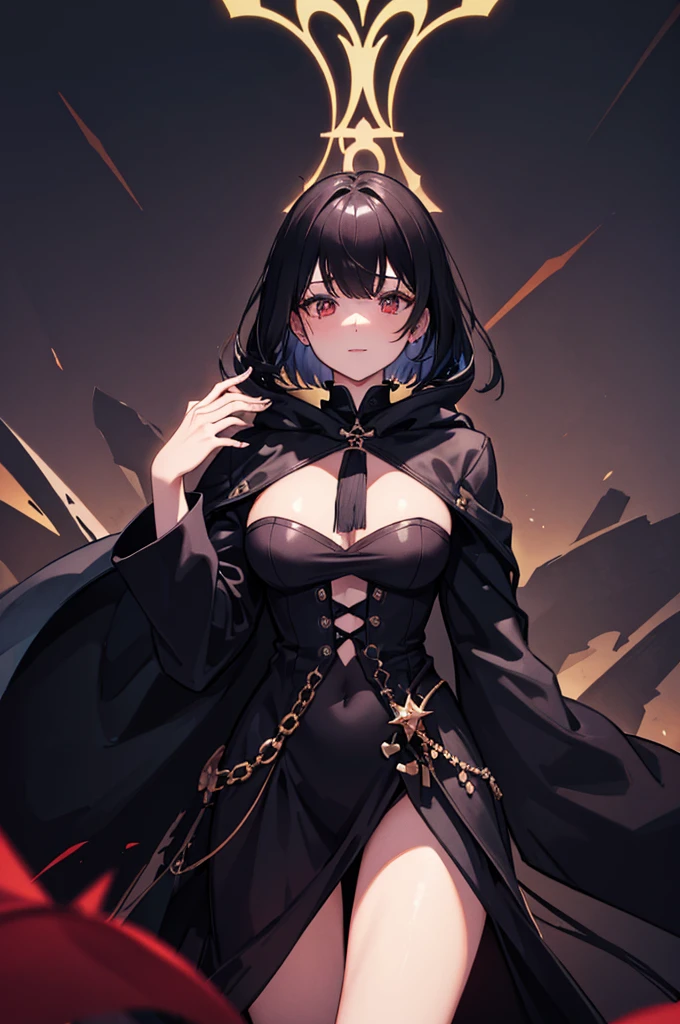 (Absurd, High resolution, Ultra-detailed), masterpiece, Highest quality, A man wearing black clothes and a black cloak, Has a black hole ,Holding a black hole in hand , 公式characterアート, short hair, Black Hair, Black red glowing eyes, Finely grained, Spiky Hair, City in Ruins, Dark Background, Black Swirl, Black swirl, Looking up from below, Looking up, Grin, character