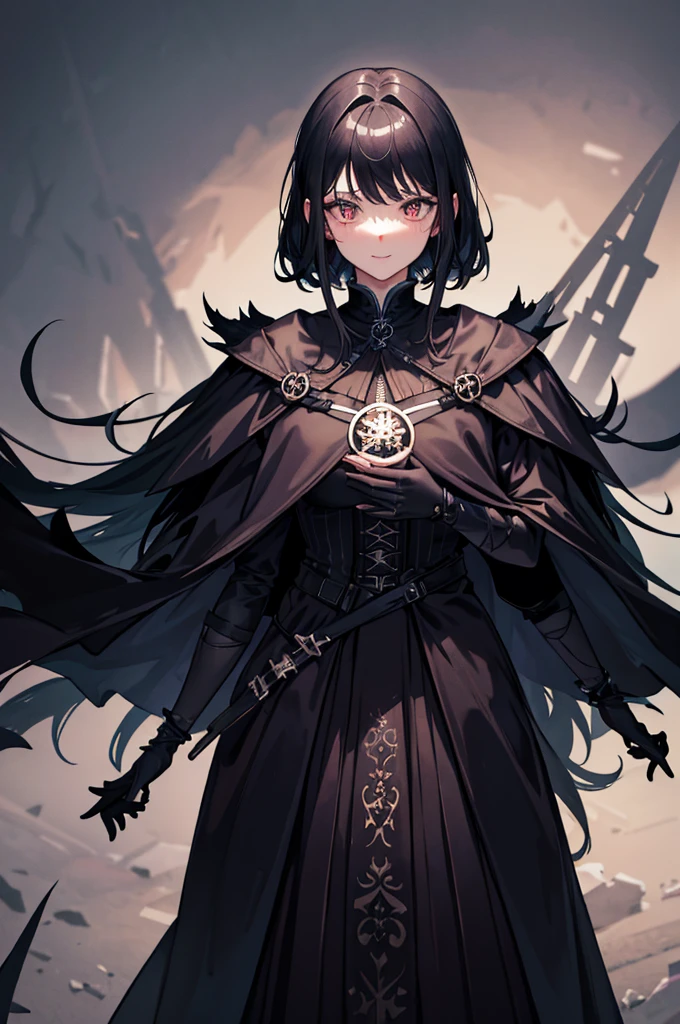 (Absurd, High resolution, Ultra-detailed), masterpiece, Highest quality, A man wearing black clothes and a black cloak, Has a black hole ,Holding a black hole in hand , 公式characterアート, short hair, Black Hair, Black red glowing eyes, Finely grained, Spiky Hair, City in Ruins, Dark Background, Black Swirl, Black swirl, Looking up from below, Looking up, Grin, character