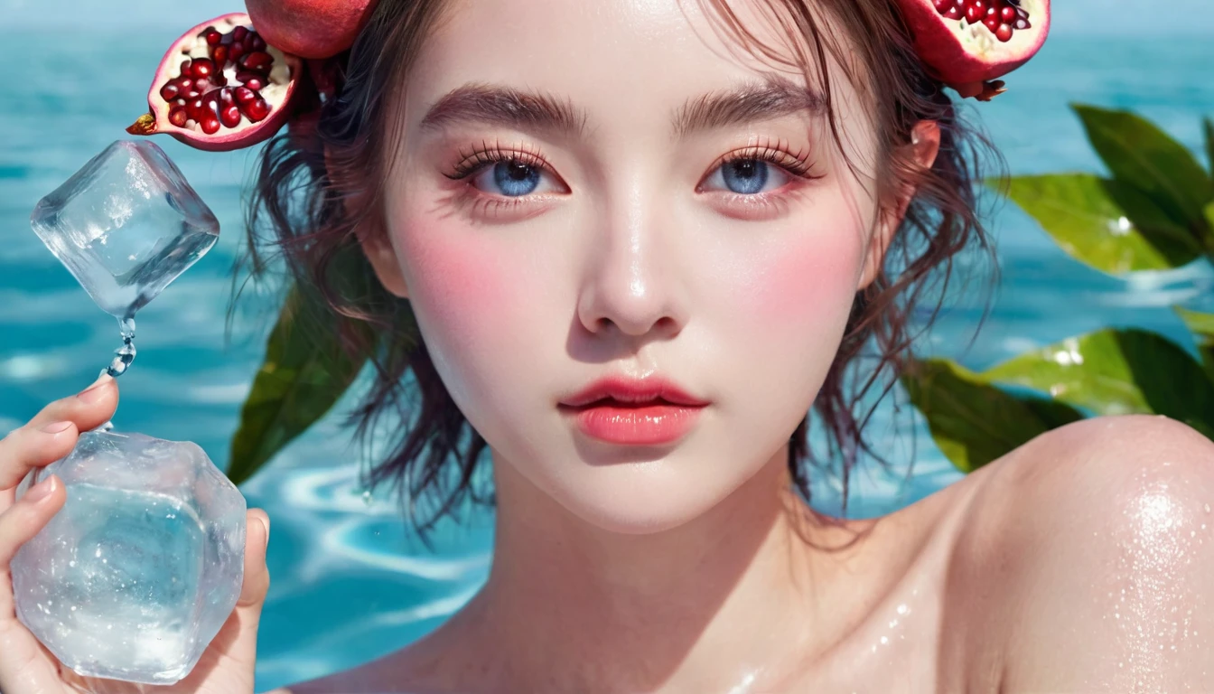 Summer Pomegranate Girl，Dopamine teenage， Cool summer days，Ice cubes，The watery girl，Delicate skin，Hydration，Shiny，Shiny，dream，Front view，bust，pearl，Pomegranate fruit