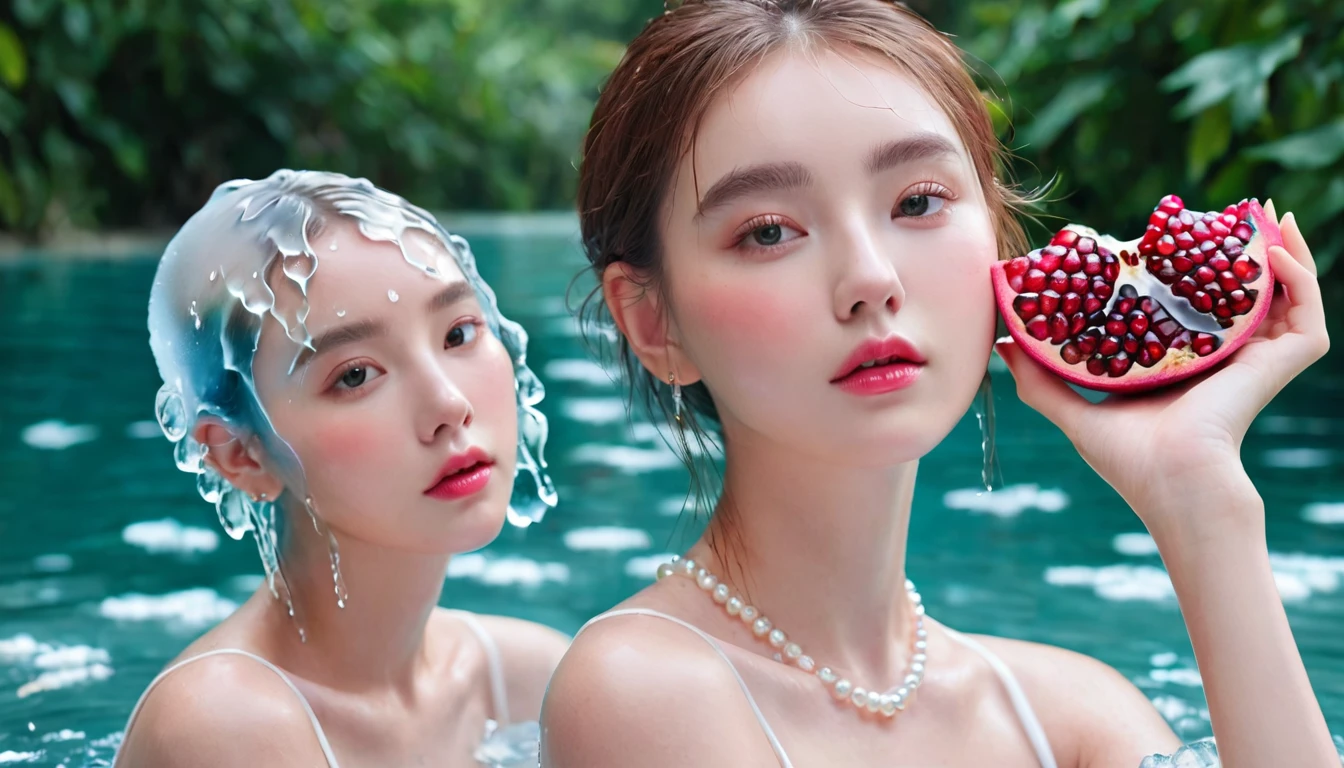 Summer Pomegranate Girl,Dopamine age, Cool summer days,Ice cubes,The watery girl,Delicate skin,Hydration,Shiny,Shiny,dream,Front view,bust,pearl,Pomegranate fruit