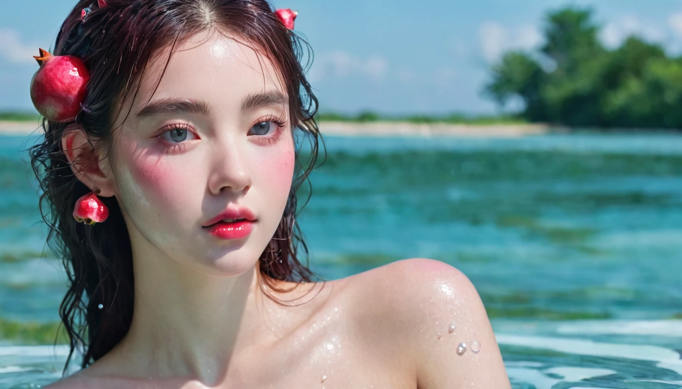 Summer Pomegranate Girl，Dopamine teenage， Cool summer days，Ice cubes，The watery girl，Delicate skin，Hydration，Shiny，Shiny，dream，Front view，bust，pearl，Pomegranate fruit