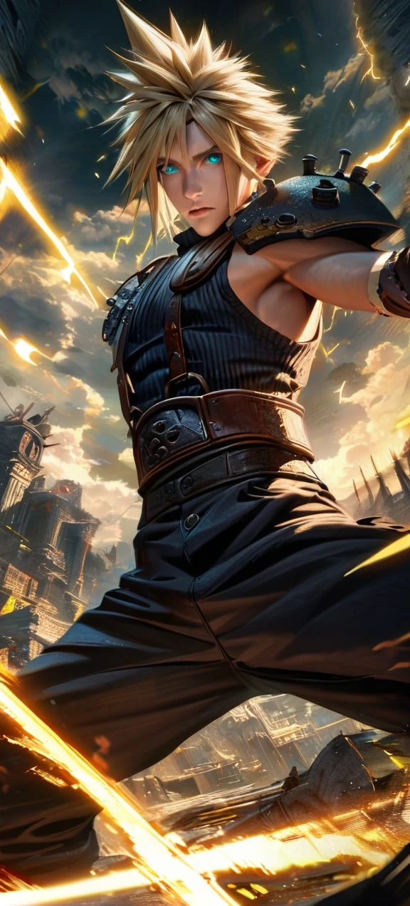Symetrical,absurdres, highres, ultra detailed, HDR, masterpiece, extremely detailed face and eyes, Cloud Strife,final fantasy 7, yellow hair , , solo, man, handsome, ,, ,Epic fight scene, yellow lightning effect, glowing glitters, symetrical ,