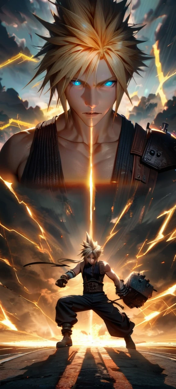 Symetrical,absurdres, highres, ultra detailed, HDR, masterpiece, extremely detailed face and eyes, Cloud Strife,final fantasy 7, yellow hair , , solo, man, handsome, ,, ,Epic fight scene, yellow lightning effect, glowing glitters, symetrical , 