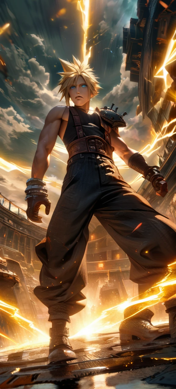 Symetrical,absurdres, highres, ultra detailed, HDR, masterpiece, extremely detailed face and eyes, Cloud Strife,final fantasy 7, yellow hair , , solo, man, handsome, ,, ,Epic fight scene, yellow lightning effect, glowing glitters, symetrical , 