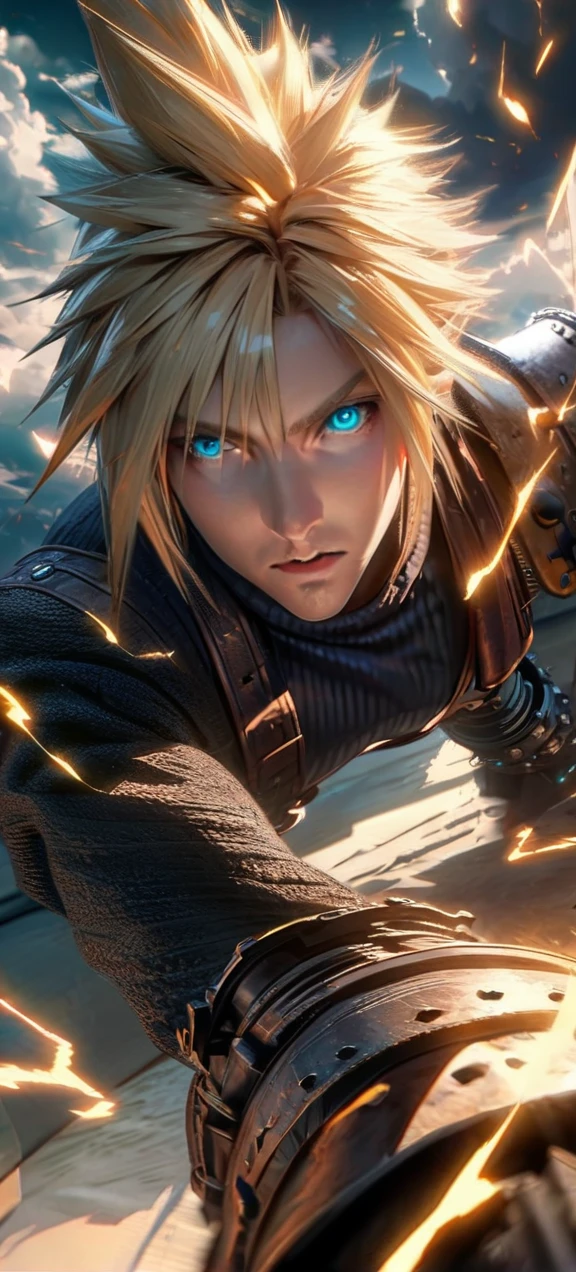 Symetrical,absurdres, highres, ultra detailed, HDR, masterpiece, extremely detailed face and eyes, Cloud Strife,final fantasy 7, yellow hair , , solo, man, handsome, ,, ,Epic fight scene, yellow lightning effect, glowing glitters, symetrical ,
