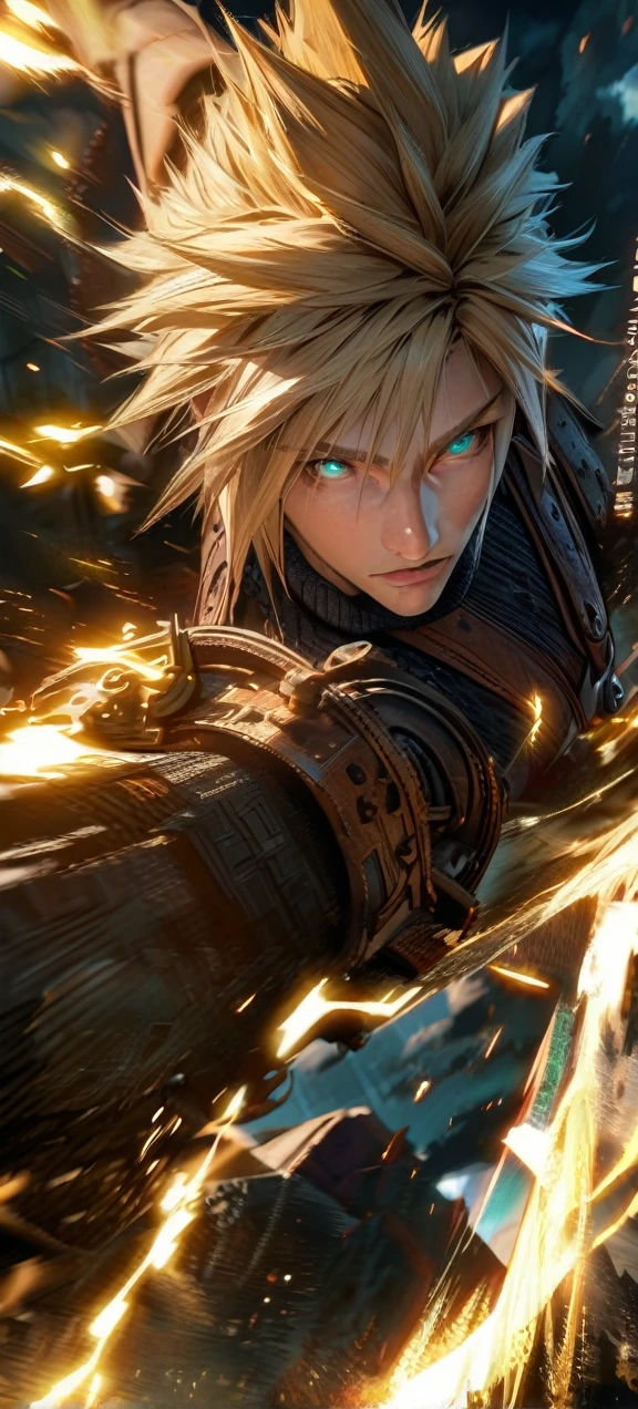 Symetrical,absurdres, highres, ultra detailed, HDR, masterpiece, extremely detailed face and eyes, Cloud Strife,final fantasy 7, yellow hair , , solo, man, handsome, ,, ,Epic fight scene, yellow lightning effect, glowing glitters, symetrical , 