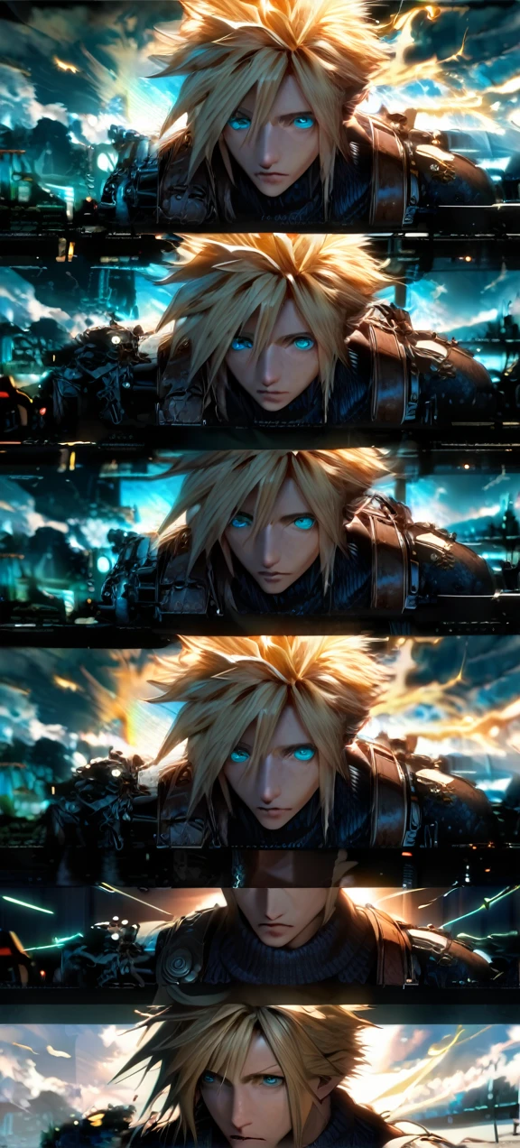 Symetrical,absurdres, highres, ultra detailed, HDR, masterpiece, extremely detailed face and eyes, Cloud Strife,final fantasy 7, yellow hair , , solo, man, handsome, ,, ,Epic fight scene, yellow lightning effect, glowing glitters, symetrical ,