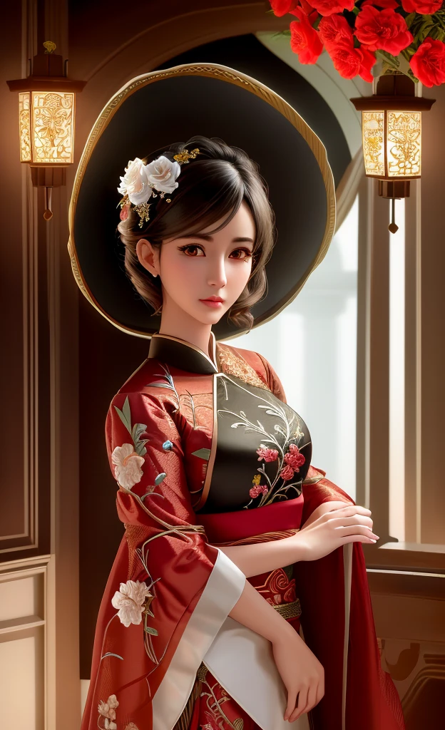 Masterpiece, high quality, 4K, beautiful design, shiny, from the front, award winning photo, extremely detailed, amazing, fine detail, absurdres, highly detailed woman, extremely detailed eyes and face, by lee jeffries nikon d850 film stock photograph 4 kodak portra 400 camera f1.6 lens rich colors hyper realistic lifelike texture dramatic lighting unrealengine trending on artstation cinestill 800 tungsten, solo, 1girl,
dudou,white, a woman standing up, red floral embroidery, lining, woman wearing the dudou
