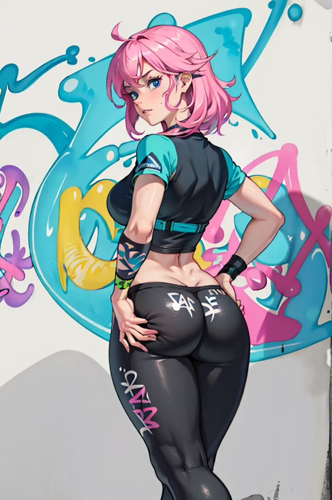  masterpiece, best quality, 14 year old cute girl, long hair, (younger face:1.4), 1 ager, alone, crop top, fitness leggings, collar, (from behind:1.4), Fuck ass, Thick thighs, curvy, thin waist, (big ass, exposed butt crack, plumber butt)), grabbing own ass, (ass bulging out), (Graffiti:1.5), paint splatter, Put your arms behind your back, (back alley:1.5), looking at the audience, armband, skin tight leggings, thigh strap, head tilt, colorful hair (pink, blue), aqua eyes, earphone