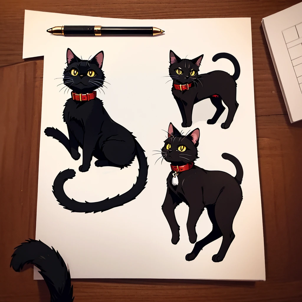 black cat、Red collar、high quality, 8K、Best illustrations、(From the side)