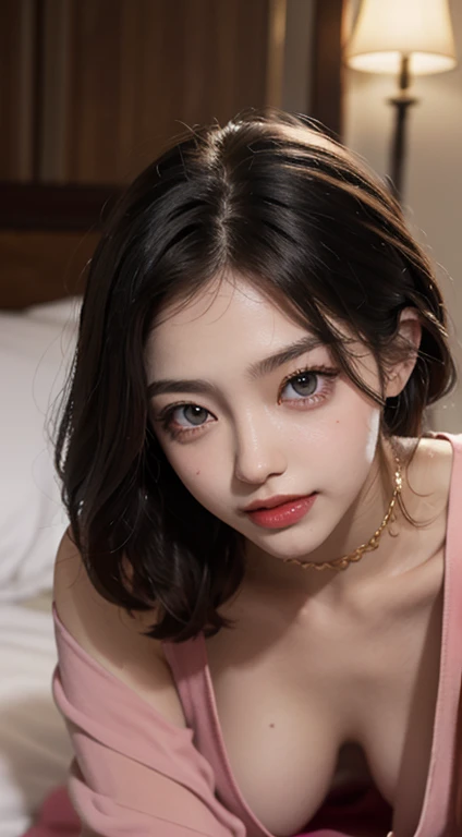 1 girl, 19 years old, south korean, 4k, masterpiece, realistic, frekles under eyes, long whavy brown hair, dark blue eyes, red lips, red eyeliners, massively large breast, off shoulder pink dress, discovered breast, tattoo in the neck, gold necklase, tilted head, happy, big smile, perfect teeth, lots of frekles under eyes, detailed face, night time, lying in a bed, facing camera.