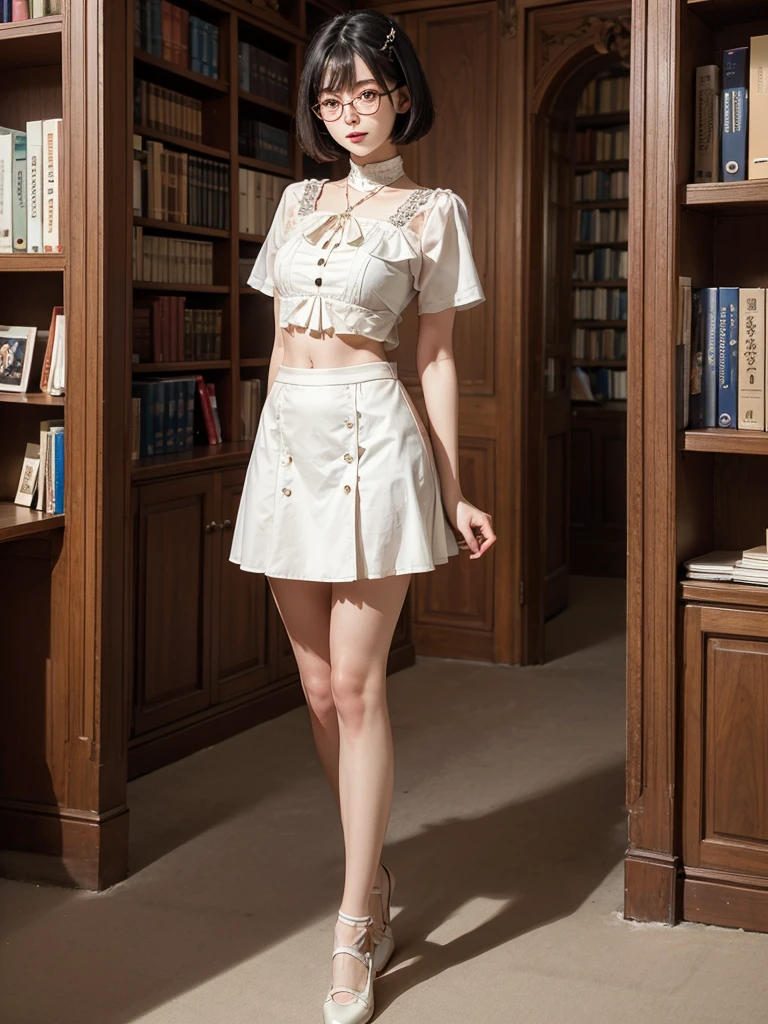 Character Name: Iris,
overview: An intelligent and curious woman,
face: With a gentle expression、Wearing glasses,
Hairstyle: With bluish black hair、Short Bob,
Body shape: breasts are slightly smaller, The abdomen is slim and firm,
limbs: 細くて長いlimbs,
clothing: white blouse and navy skirt, Leather shoes,
Pause: holding a book、Standing smiling,
place: In the old library、Standing in front of a bookshelf