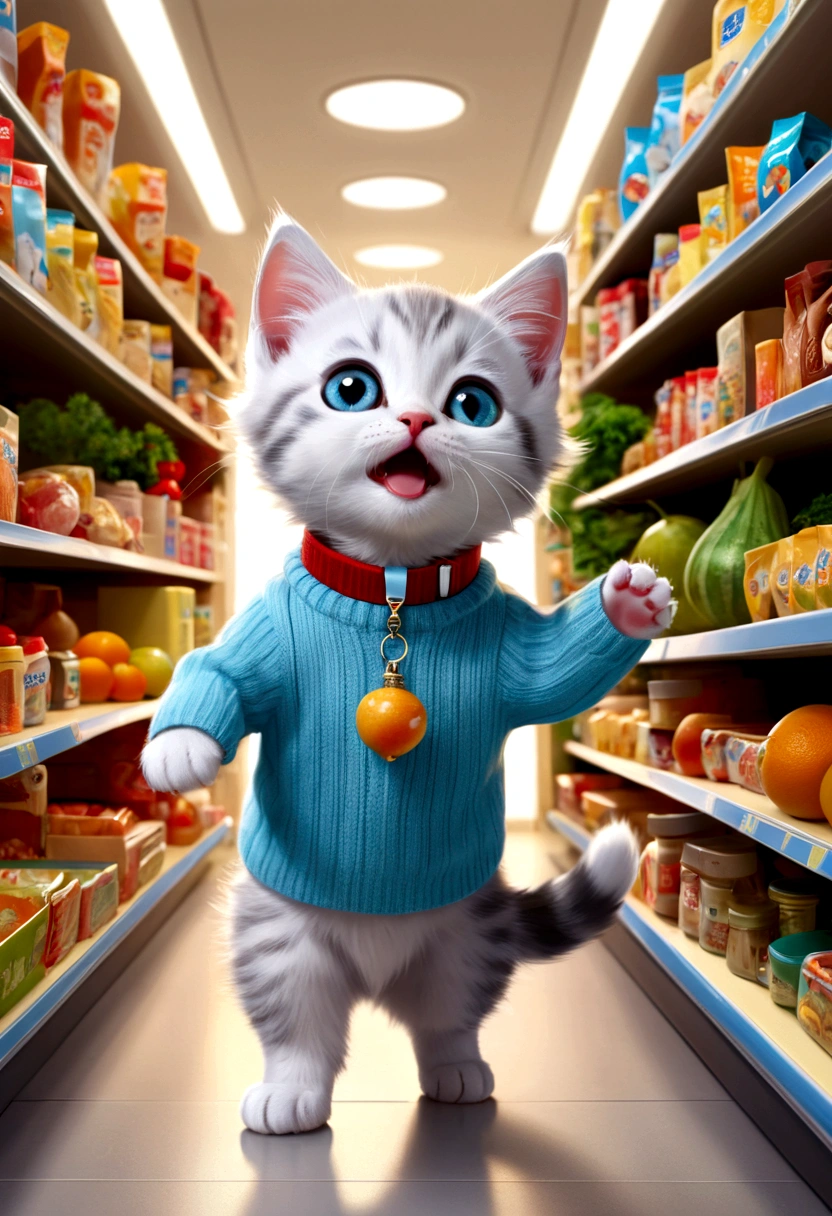 the kitten kitten, still wearing his light blue sweater with white stripes and the red collar with the fish-shaped pendant, is amazed inside the supermarket. His eyes are wide with surprise and joy as he looks at the shelves full of food.. Around it, there are a variety of colorful products, from fruits and vegetables to food packages and treats. Leo is standing in the hallway, with her tail raised and vibrating with excitement