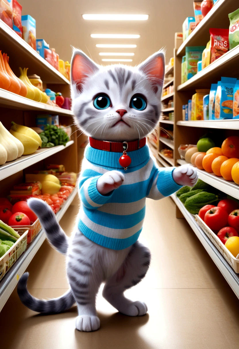 the kitten kitten, still wearing his light blue sweater with white stripes and the red collar with the fish-shaped pendant, is amazed inside the supermarket. His eyes are wide with surprise and joy as he looks at the shelves full of food.. Around it, there are a variety of colorful products, from fruits and vegetables to food packages and treats. Leo is standing in the hallway, with her tail raised and vibrating with excitement