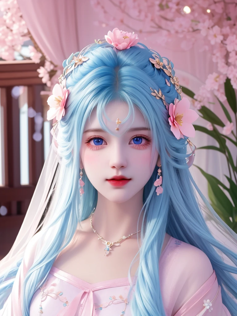 best quality, masterpiece, High target, There is a girl with a basket of flowers on her head, beautiful clothes, Hair Decorationss, necklace, Decorations, Pretty Face, When the body, Tyndall effect, Realistic Portraits, Edge lighting, Two-color light, (Very delicate skin:1.2), 8K uhd, Digital SLR Camera, Soft Light, high quality, Volumetric Lighting, Honest, photo, high resolution, 4K, 8K, Bokeh, Sky blue hair，Pink Eyes.