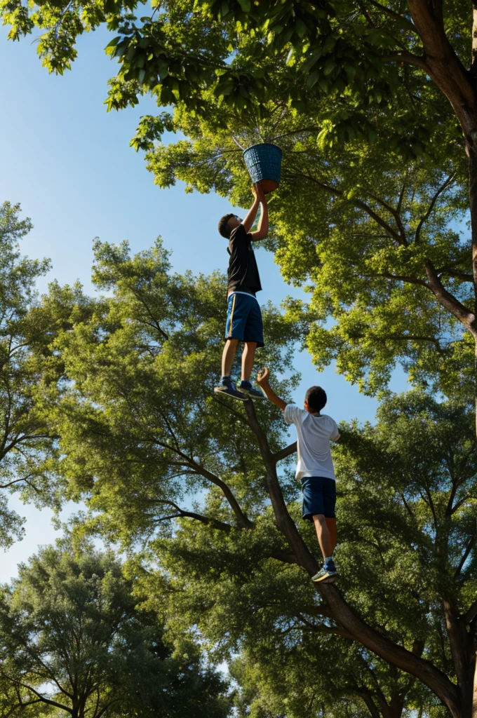Boy with basket wallking near on tree