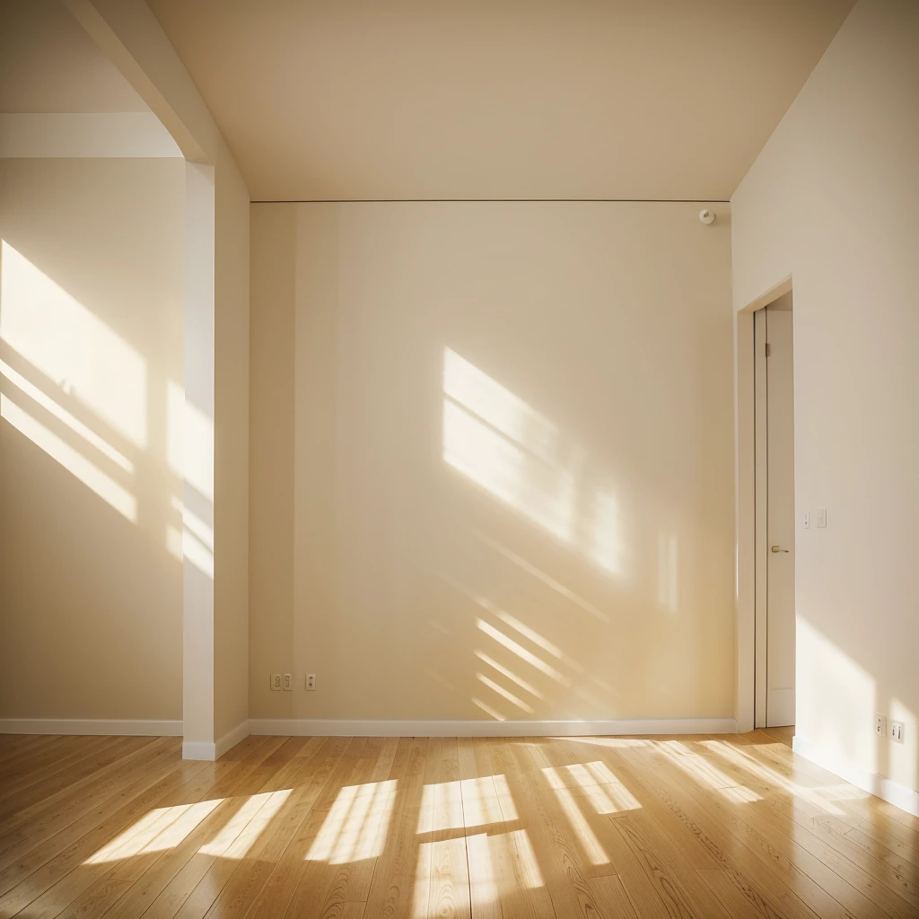 Imagine a spacious, minimalist room with high ceilings and ample natural light streaming in from the left side of the room. The sunlight creates gentle rays that illuminate the far wall, adding warmth and depth to the scene. The room itself is modern and uncluttered, with clean lines and neutral colors dominating the decor.