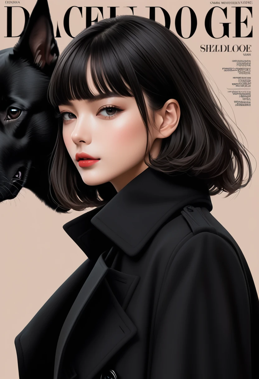 Magazine design,Fashion magazine cover,Black woolen trench coat,Short hair girl,Handsome,1 big black dog