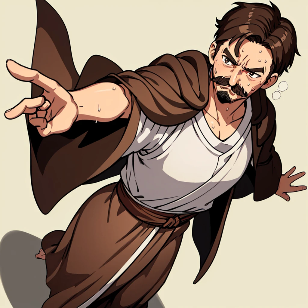 ((((Solo))))、Highest quality, Best Quality,Best illustrations、middle ages、(((Simple brown robe)))、(40-year-old uncle、mature、Kaiser moustache)、(rage、Sweat)、dance、(From above)