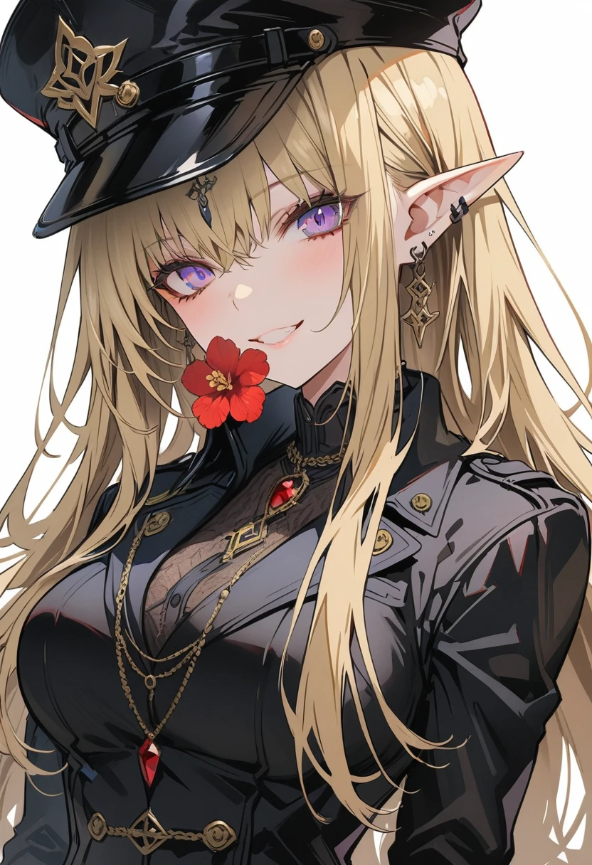 flower in mouth,seductive smile,purple eyes,large breasts,pointy ears,blonde hair,long hair,best quality,Amazing,masterpiece,delicate,ultra high res,ultra detailed,8K,sharp focus,(extremely detailed CG unity 8k wallpaper),(Black trench coat:1.5)，Angel,