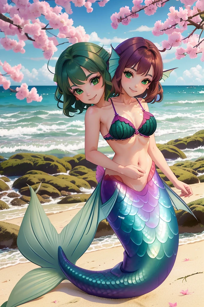 masterpiece, best quality:1.2), 1girl, smile, looking at viewer, green eyes, short brown hair, short green hair, mermaid, mermaid girl, wearing purple seashell bra, laying on beach across the sand, colorful mermaid tail, outdoors, head fins, fin ears, under cherry blossoms, conjoined, (two heads: 1.5),