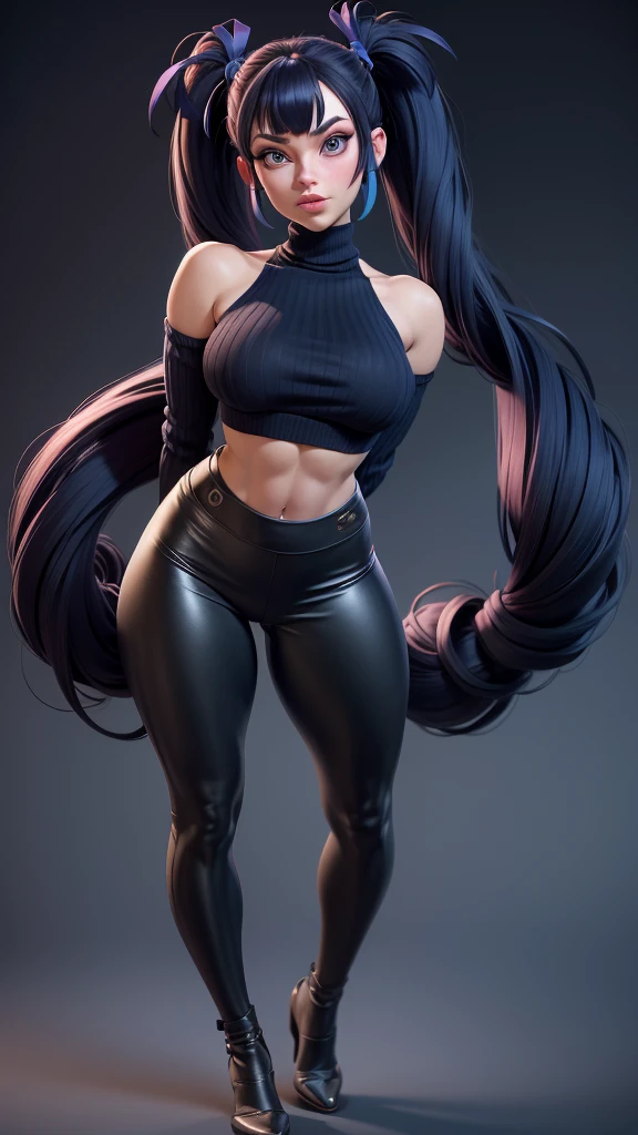Juri Han de Street Fighter, gros seins, grande largeur, Largeur gigantesque, ABS, seulement, cheveux longs, crop top noir, regardant le spectateur, fond bleu, cheveux noirs avec des rares meches violettes dans les cheveux noirs, fond simple, two side up, turtleneck, yeux bleus, minora, mouth closed, ruban, Hair tape, frange, turtleneck sweater, Haut du corps, separated bangs, ruban noir, ribbed sweater, Twintails, nez, full body view