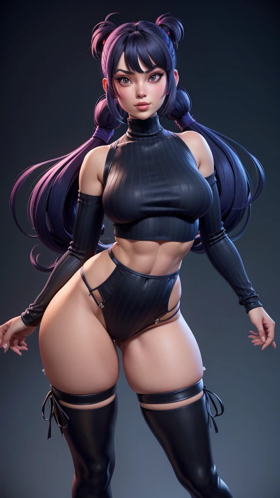 Juri Han de Street Fighter, gros seins, grande largeur, Largeur gigantesque, ABS, seulement, cheveux longs, crop top noir, regardant le spectateur, fond bleu, cheveux noirs avec des rares meches violettes dans les cheveux noirs, fond simple, two side up, turtleneck, yeux bleus, minora, mouth closed, ruban, Hair tape, frange, turtleneck sweater, Haut du corps, separated bangs, ruban noir, ribbed sweater, Twintails, nez, full body view