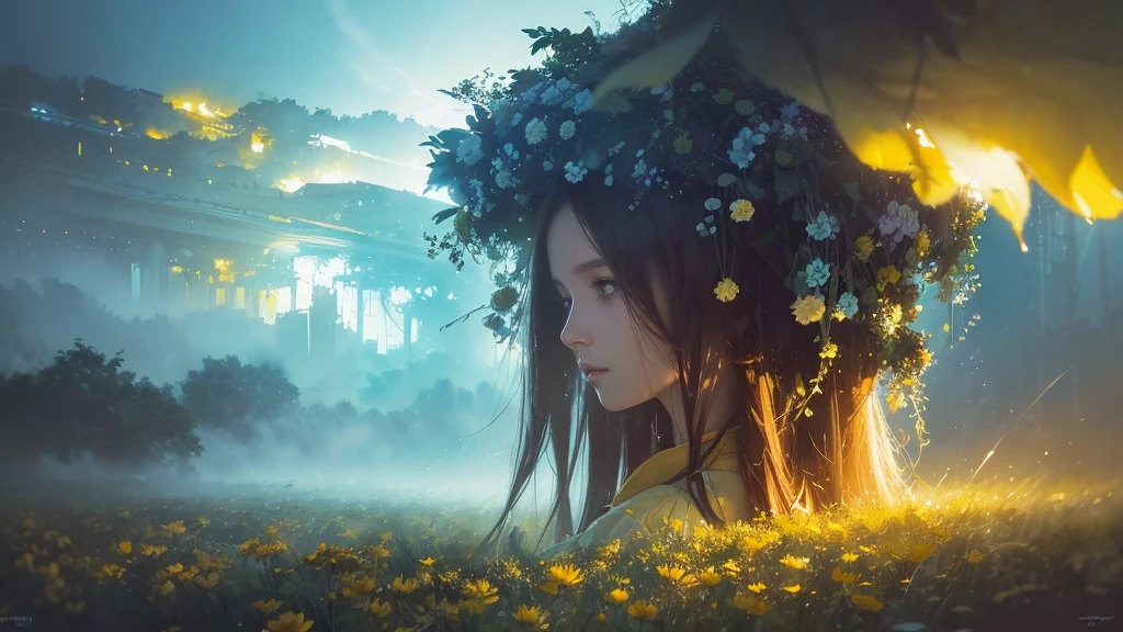 32k, Masterpiece, Highest quality, One girl, Brown Hair, Detailed eyes, flower,Dahlia, Light blue and yellow style,A dreamy, romantic piece,Pale yellow, Mysterious Leaves,A playful arrangement,Fantasy,High Contrast,Ink strokes,explosion,Exposure, Impression of light blue and yellow tones,Abstract,((Watercolours by John Berkey and Jeremy Mann )) Brush strokes,Negative Space, Tyndall effect,